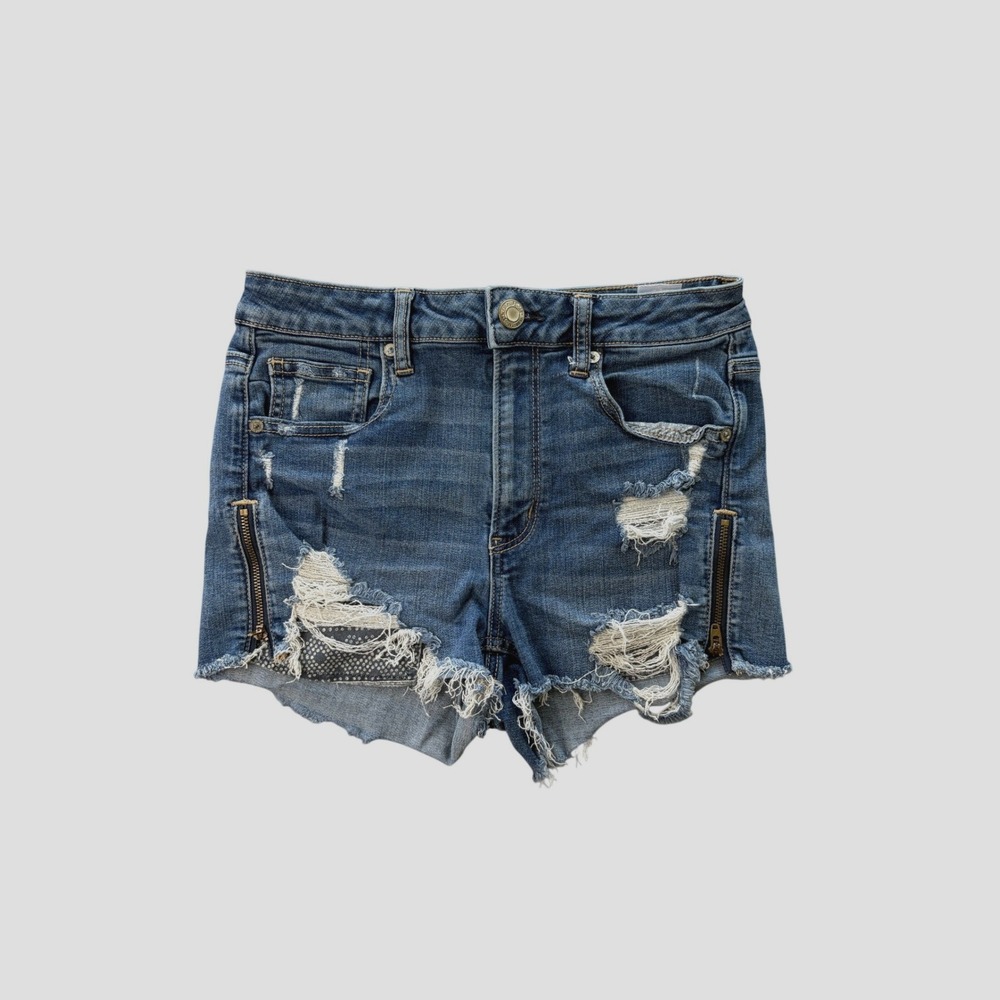 American Eagle Shorts Womens 6 Blue Super Hi-Rise Shortie Distressed Zipper